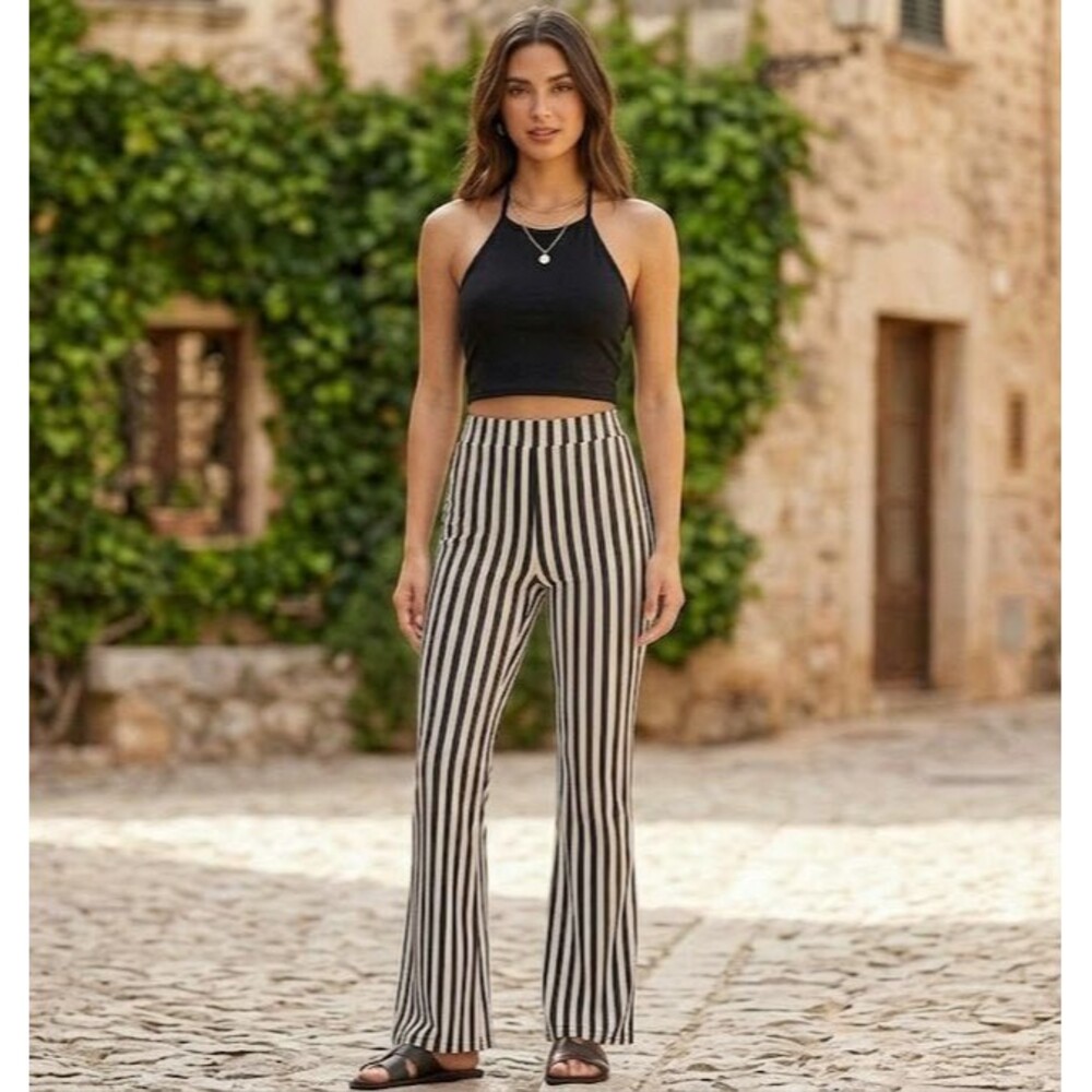 Fashion Nova Women's Bohemian Stripe Flared Pants 100% cotton L ultra high rise